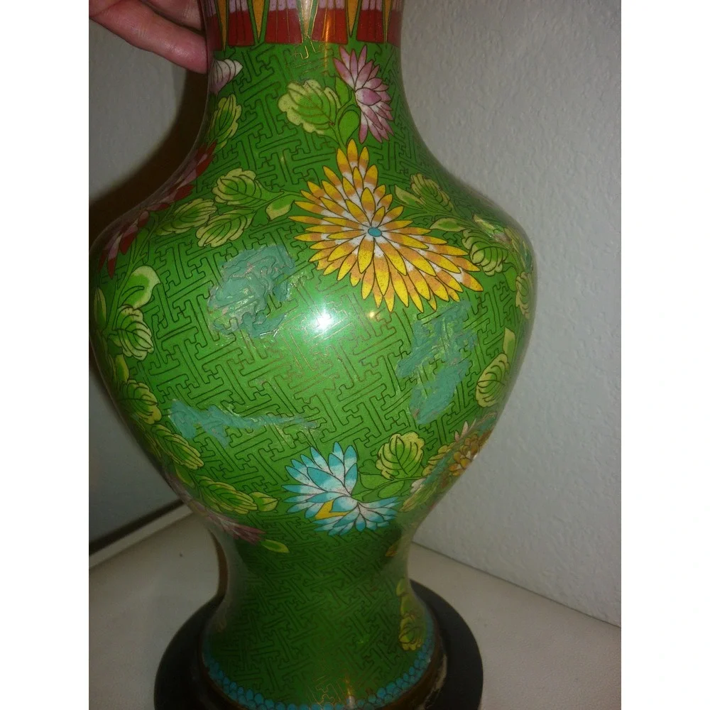 Vintage Green Cloisonne Enamel Floral‎ Vase Brass Wirework with Wood Base 16in